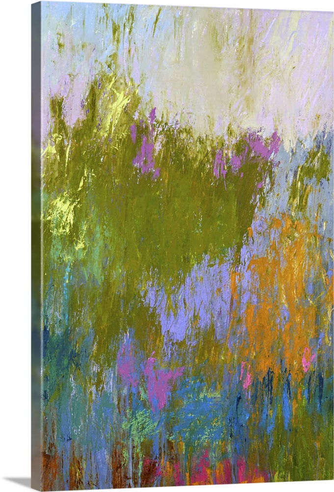 Contemporary abstract painting in shades of lavender and green.