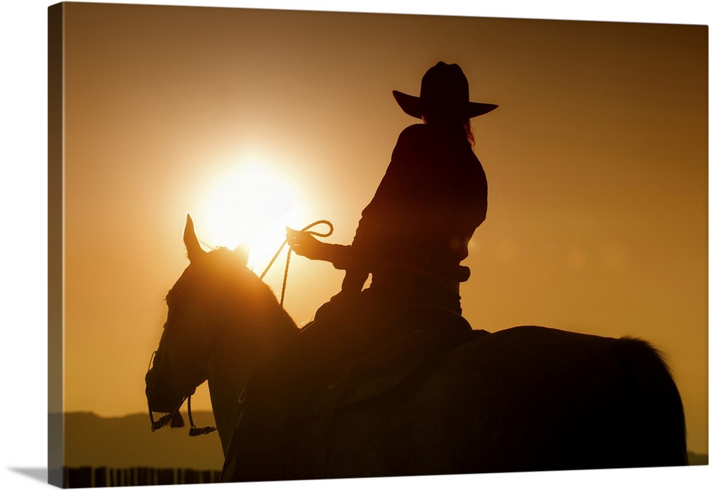 Sunset shot of Cowgirl on Horse