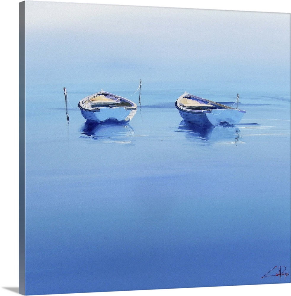Contemporary painting of two boats floating on the calm ocean.