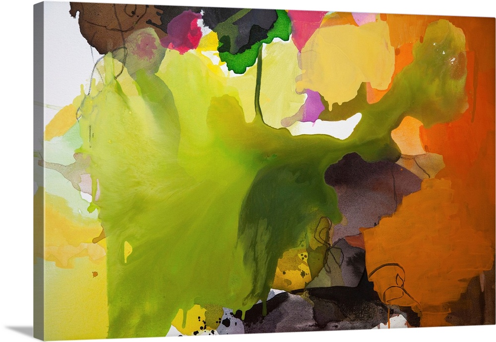 Contemporary abstract painting with a leaf-like shape in the center surrounded by various colors.