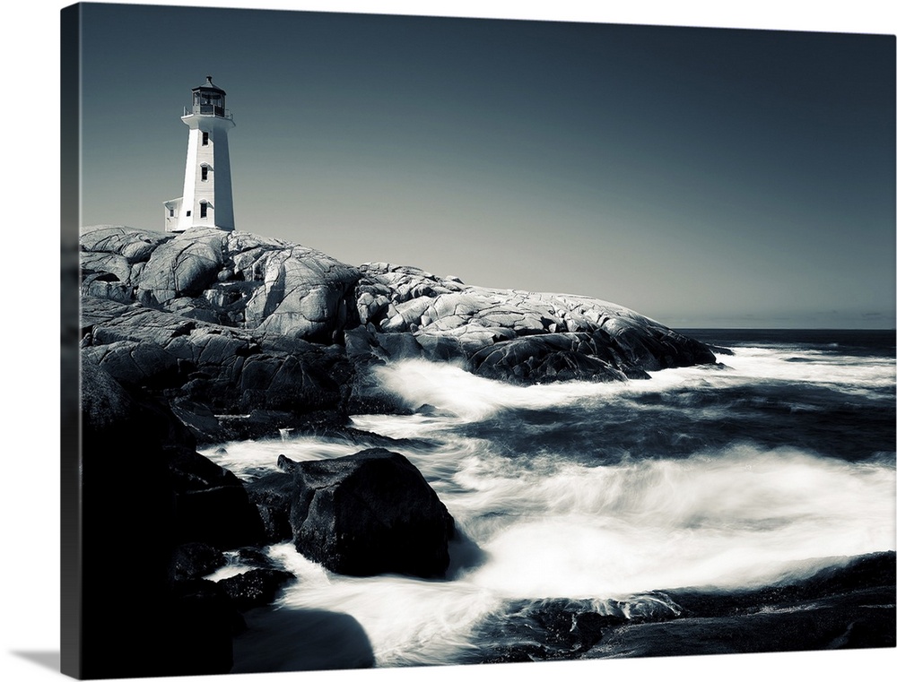 A black and white image of Peggy's Cove Lighthouse in Nova Scotia, Canada.