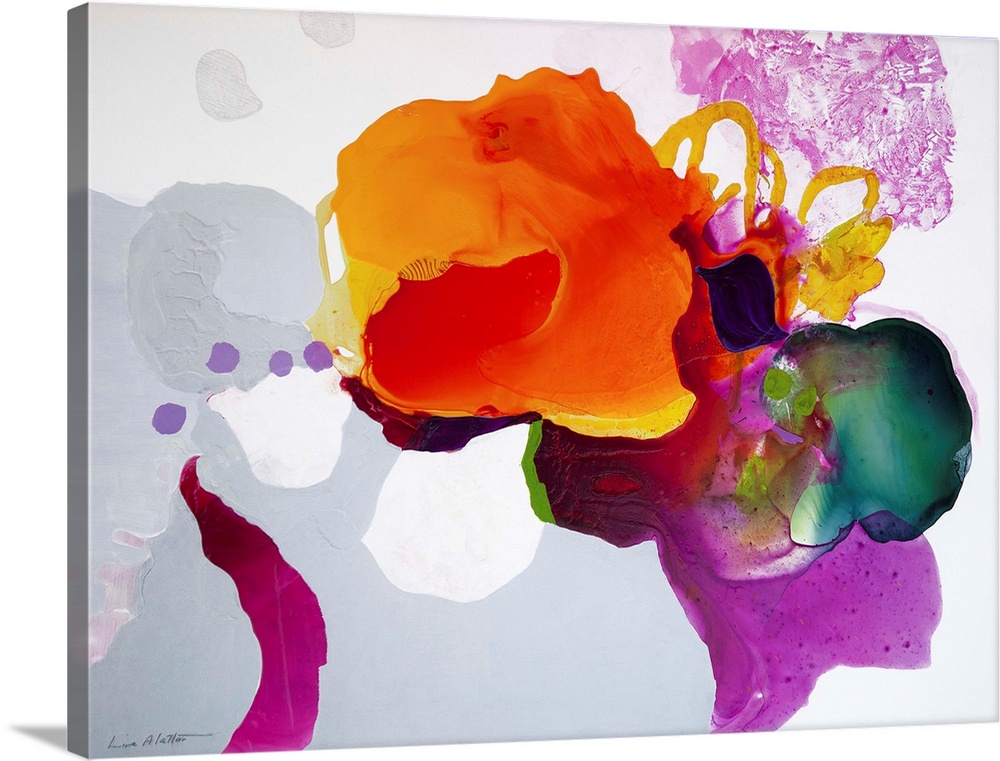 Contemporary abstract painting in bright orange and purple and light gray on white background.