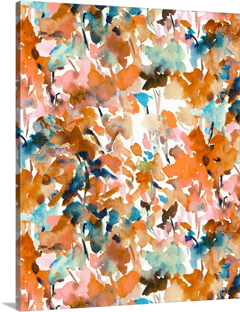 An abstract watercolor painting of branches of leaves in colors of orange and brown.