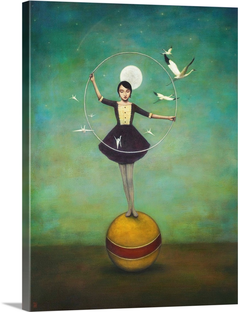 Contemporary surreal artwork of a woman with a hoop and birds balancing on a yellow ball.