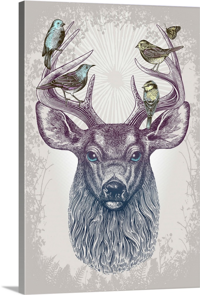A digital illustration of a buck with birds sitting on his antlers.
