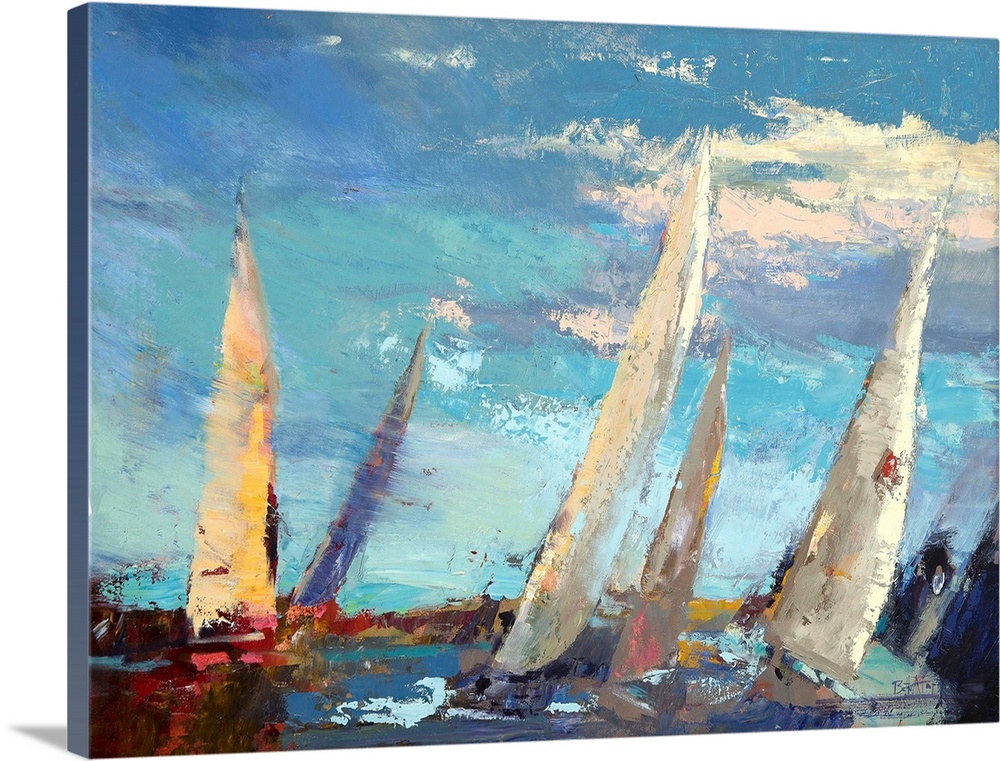 A contemporary coastal themed painting of sailboats sailing the open sea.