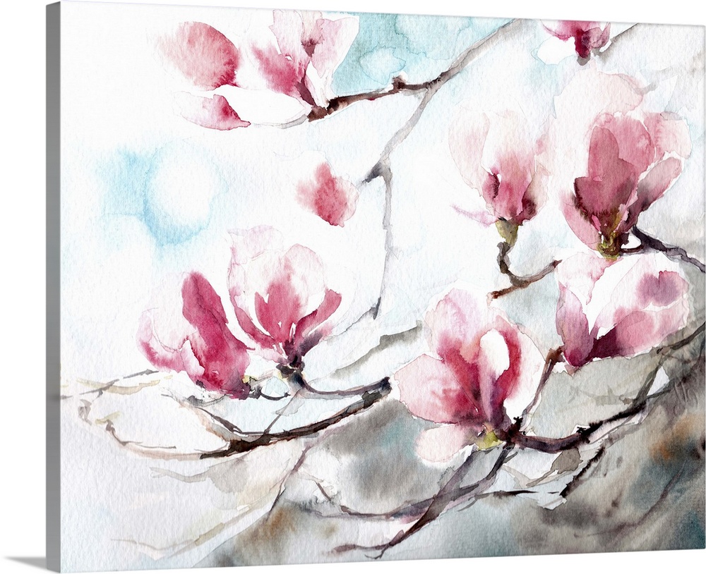 A contemporary watercolor painting of magnolia flowers.