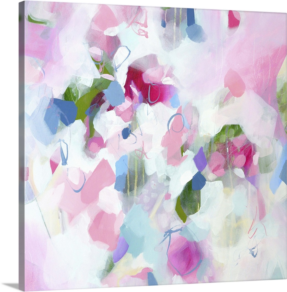 Abstract artwork in cheerful shades of pink, white, and blue.