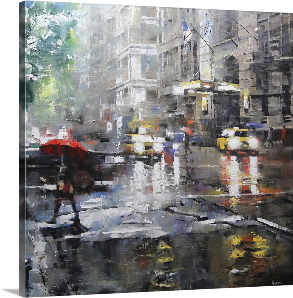 Contemporary painting of a pedestrian with a red umbrella crossing the street near taxis in New York City.