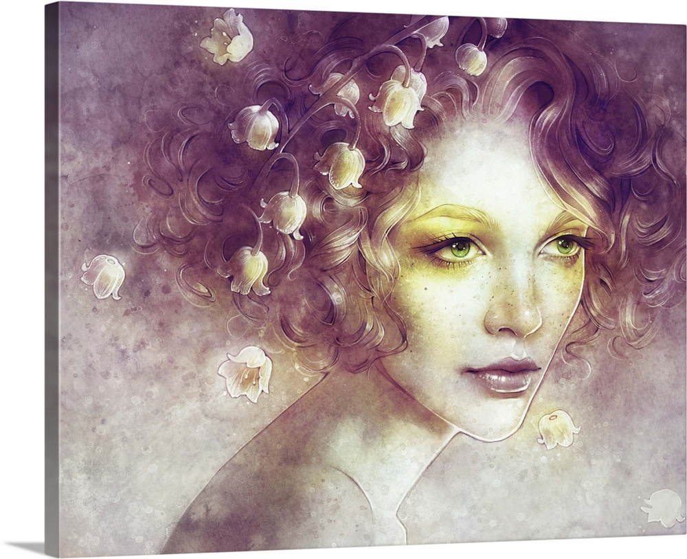 A contemporary fantastical painting of a woman's portrait with flowers dangling from her hair and golden yellow eye make-up.