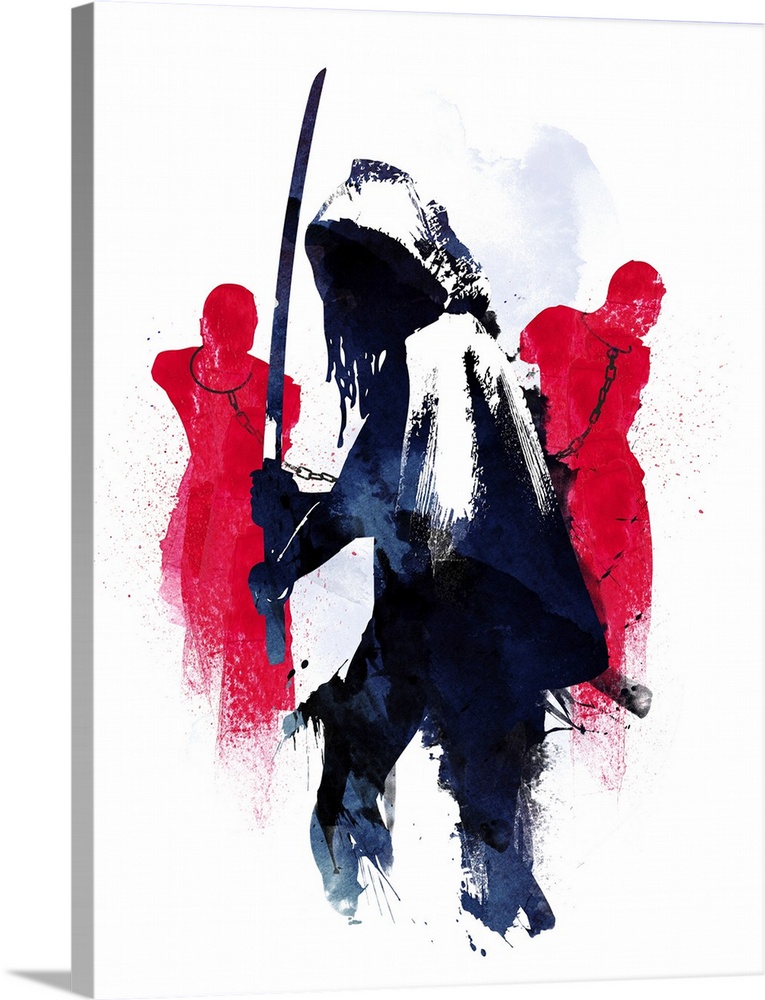 Contemporary artwork of a fictional character that carries samurai sword and two zombies.