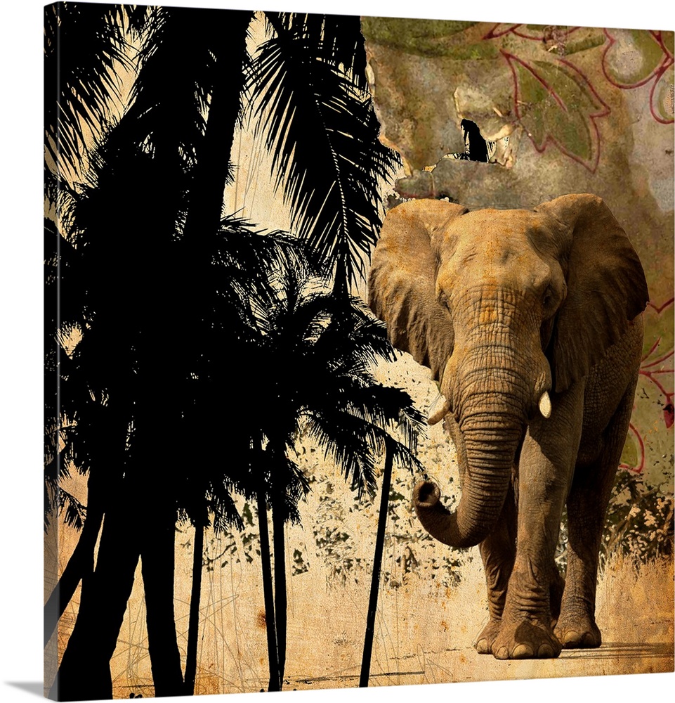 A square mixed media image of an elephant and palm trees.