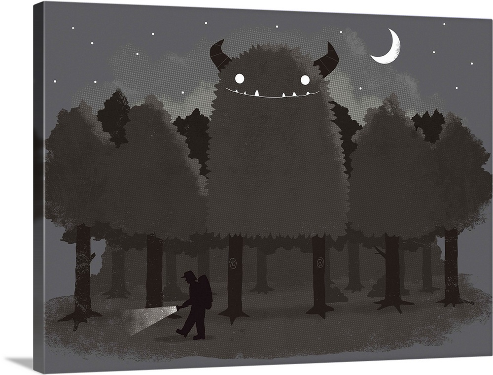 A digital illustration of a man walking past of monster disguised as a tree in the forest.