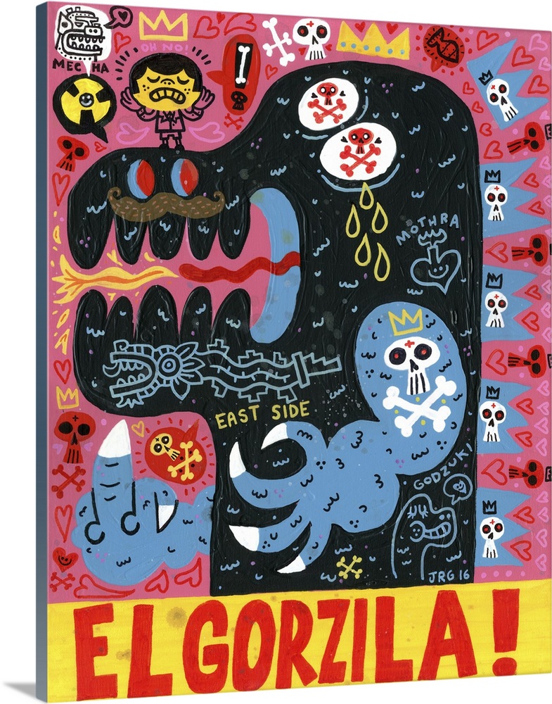 Latin art of Godzilla, decorated with tattoos and roaring.