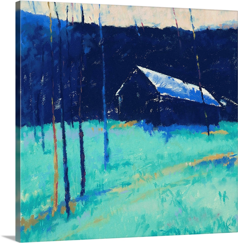 Contemporary painting of a blue barn in a turquoise field.