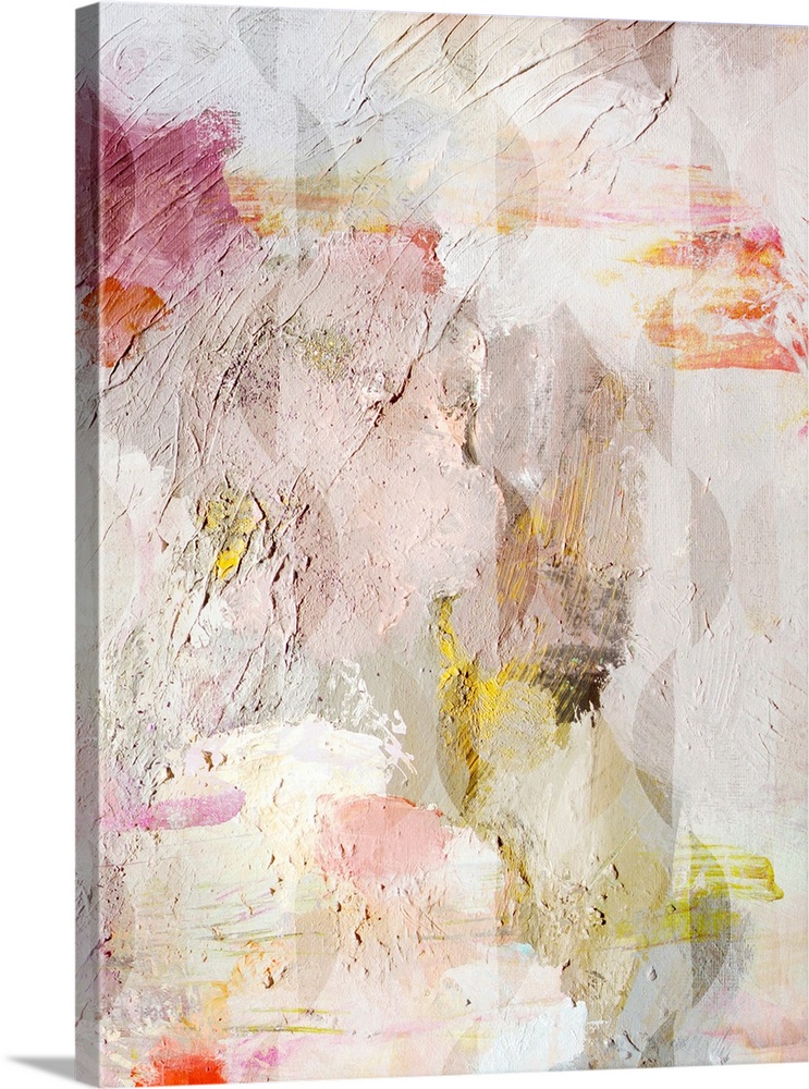 A contemporary abstract painting featuring textured paint in shades of neutral with pink and green accents
