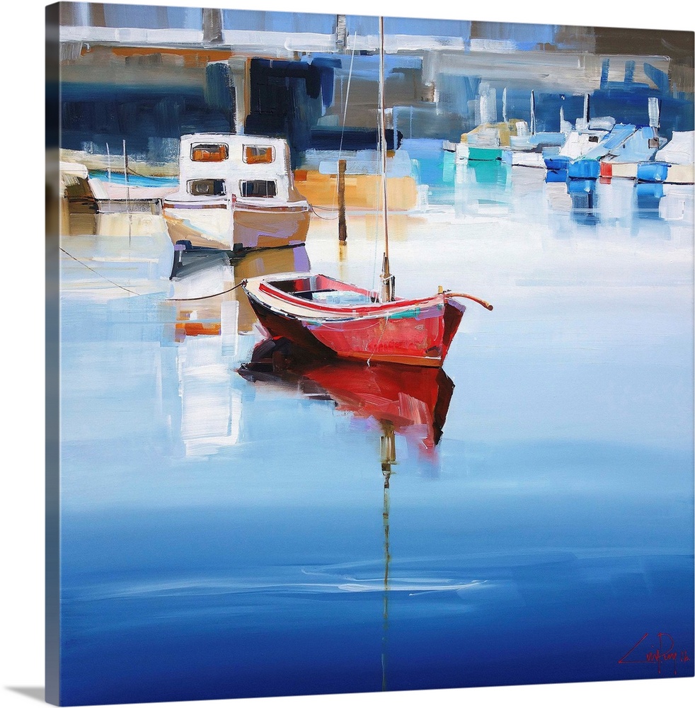 A contemporary painting of a red sailboat tied at a bock dock a long with other boats.