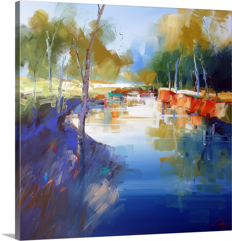 A contemporary painting of a waterway at Cobram, Australia.
