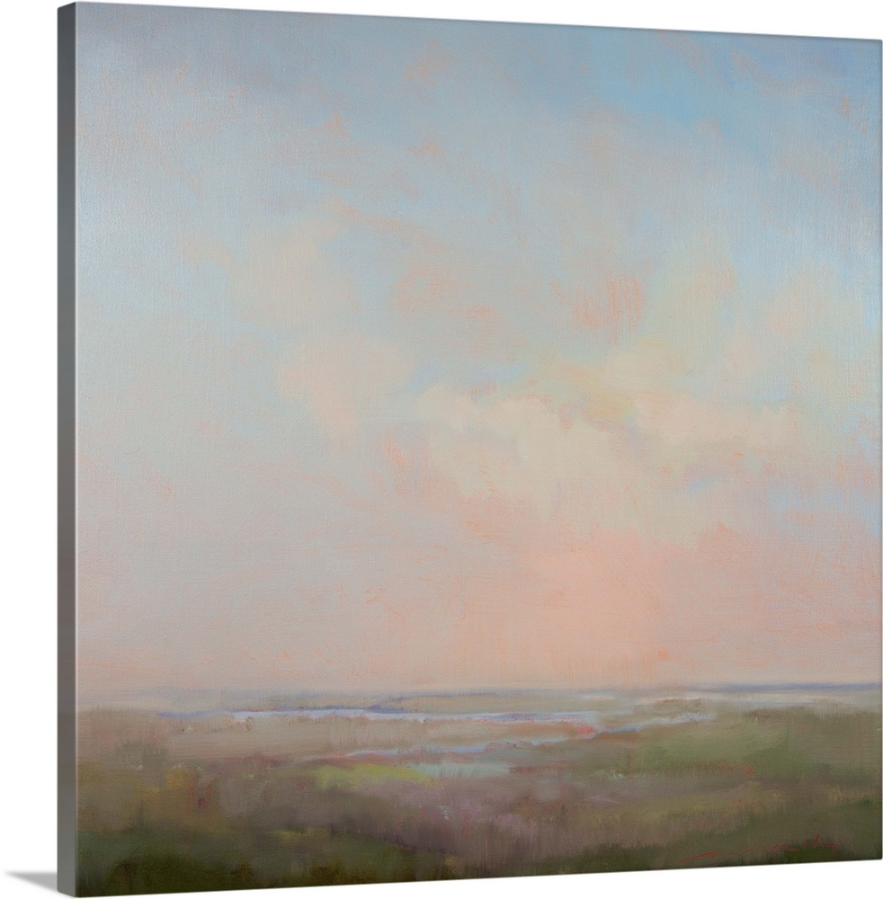 Contemporary landscape painting with cloudy skies above.