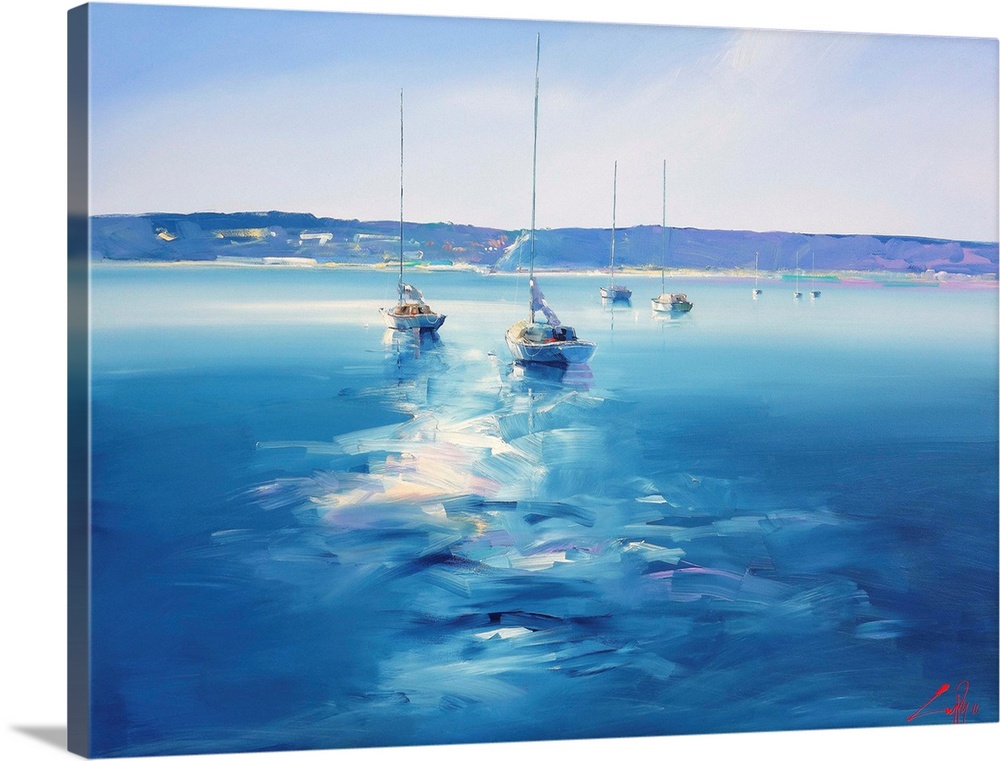 A contemporary painting of sailboats in a bay in Australia.
