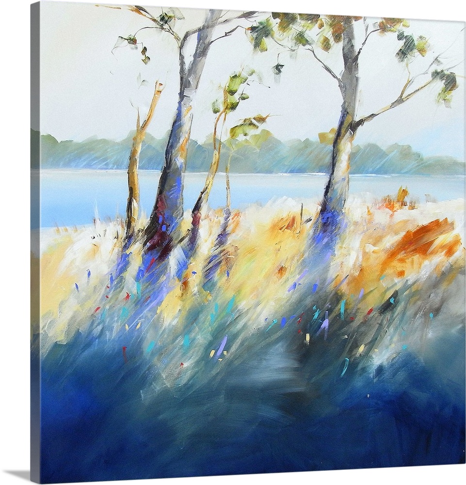 Contemporary painting of trees and grass growing next to a river.