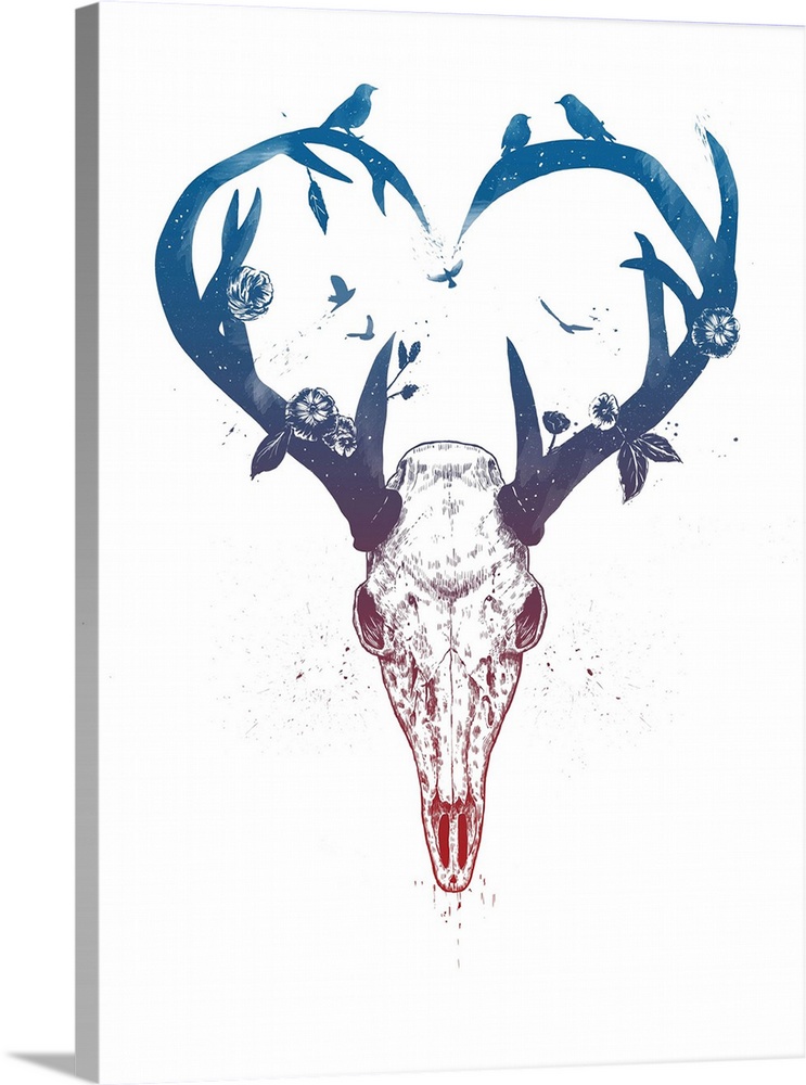 Digital illustration of a deer skull with flowers and birds adorning its antlers.