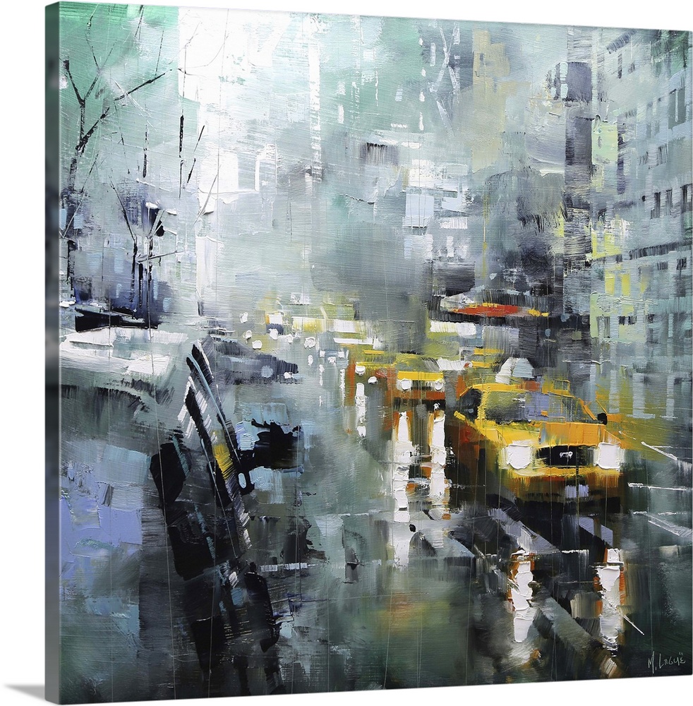 Contemporary painting of taxis and other cars in the street on a rainy day in New York City.