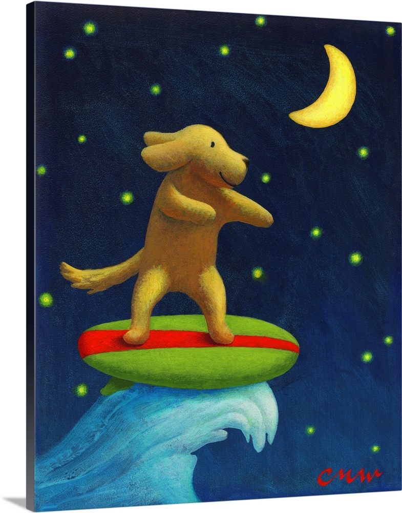 Contemporary painting of a dog surfing with the night sky in the background.