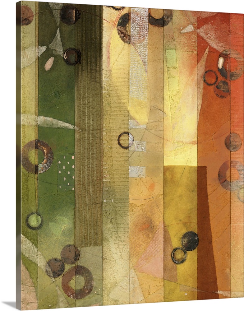 Contemporary abstract painting using earth tones with cascading organic and geometric shapes.