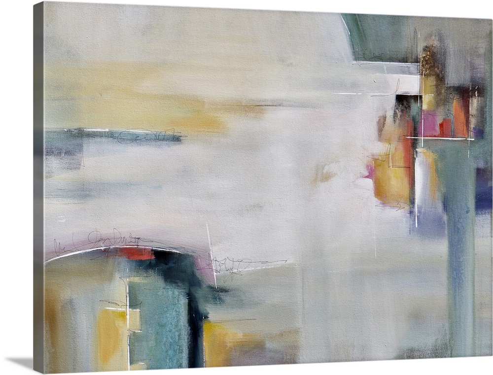 Contemporary abstract artwork in white and grey, with pops of yellow and red.