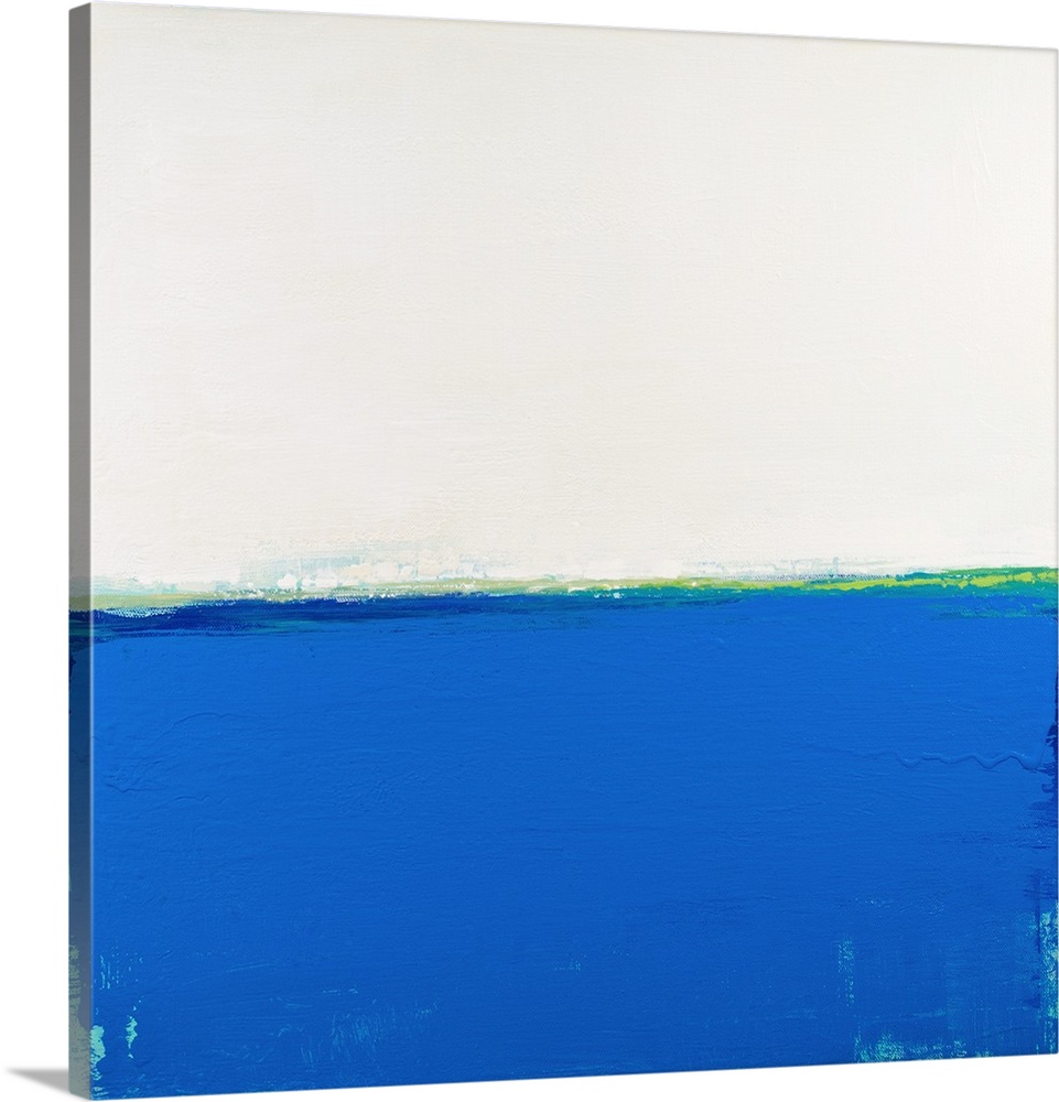 Contemporary abstract colorfield painting using blue and white in a distressed style.
