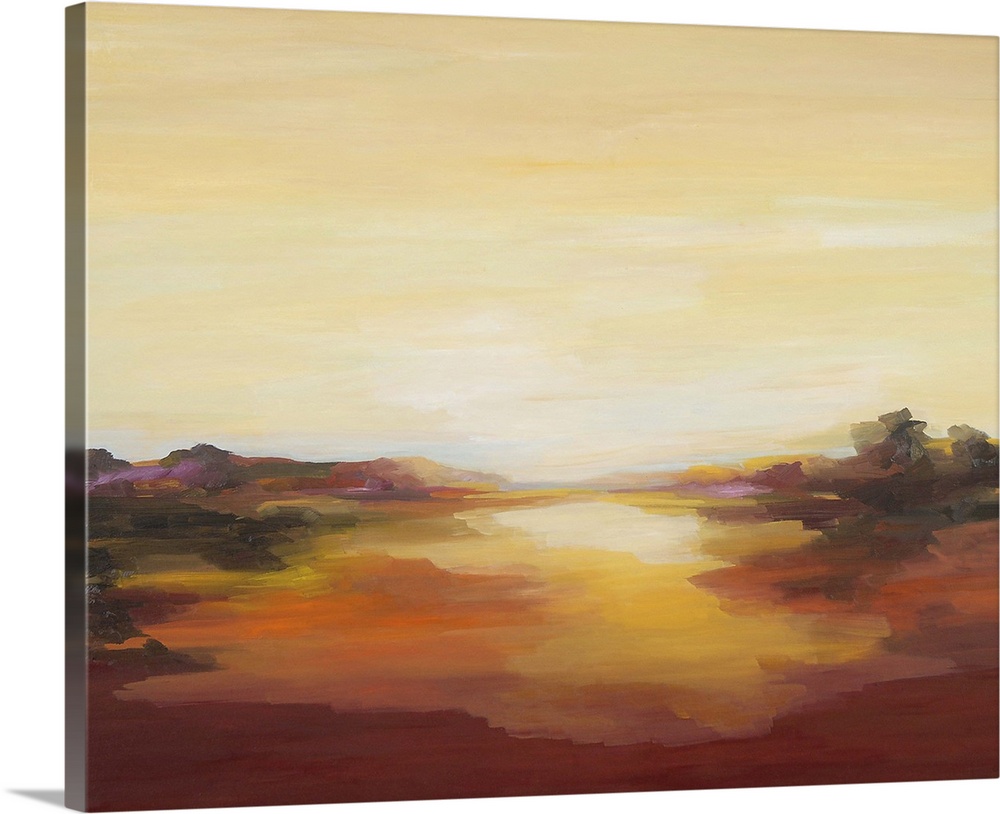 A contemporary abstract painting of a red landscape under a pale yellow sky.
