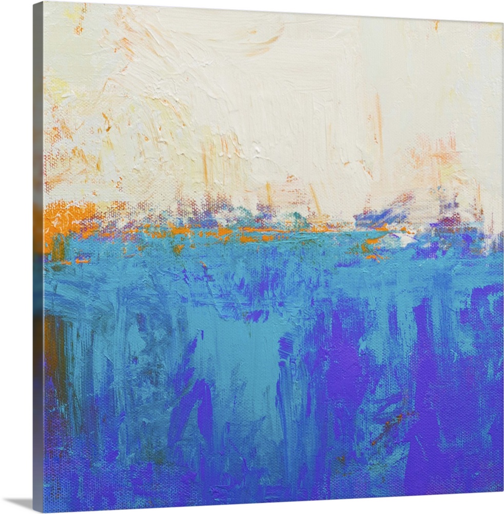 Contemporary abstract colorfield painting using aqua orange and cream in a distressed style.