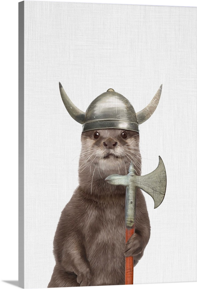 A creative digital illustration of an otter with a viking helmet.