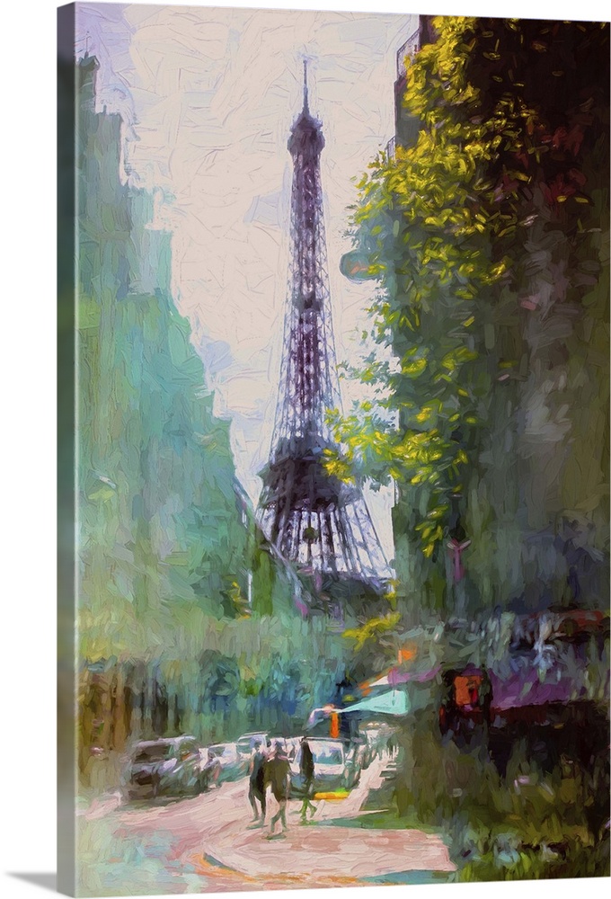 A contemporary painting of the Eiffel tower seen from a distance in Paris.