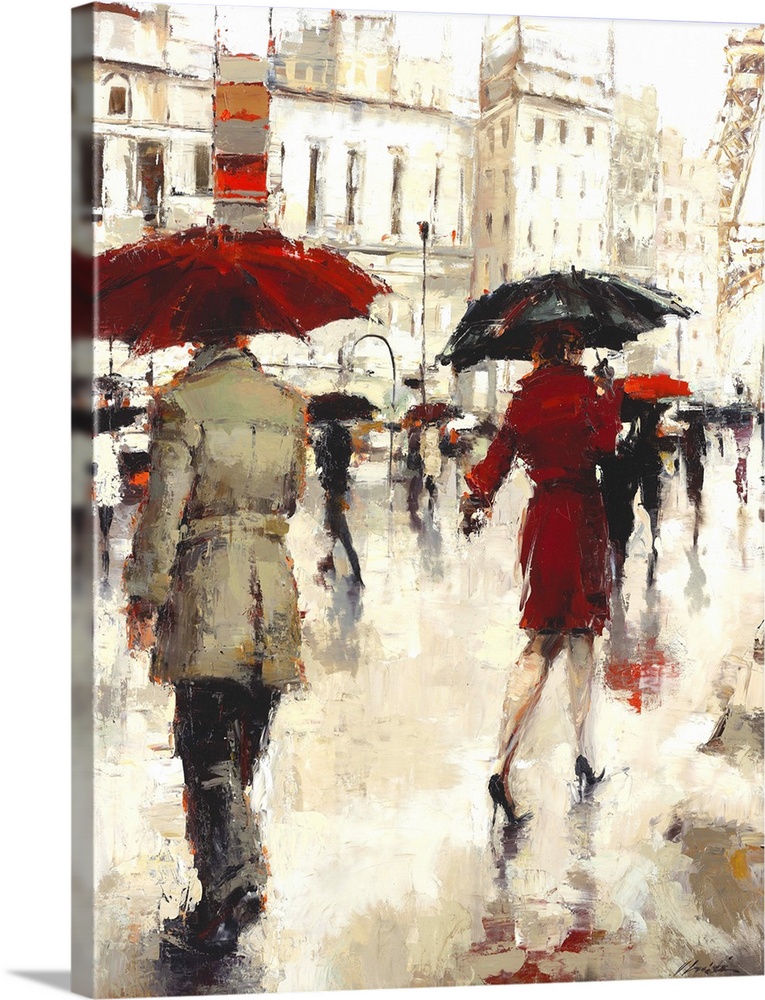 Contemporary painting of people walking under umbrellas in a rainy day.