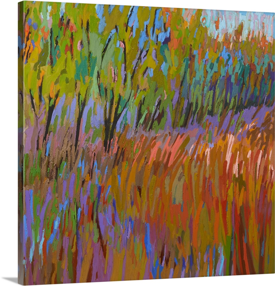 A square abstract of trees and a field painted with brush strokes of vibrant colors.
