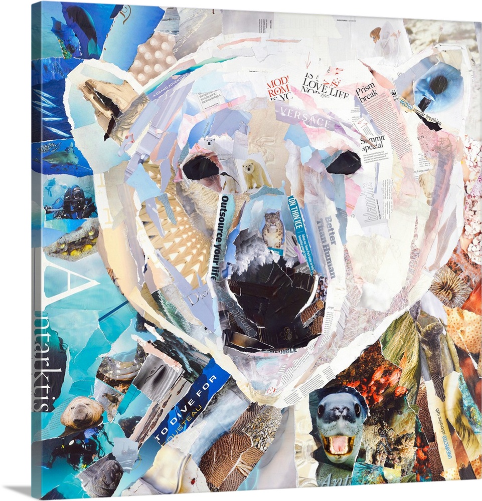 Mixed media artwork of a polar bear made from cut magazine and book pages.