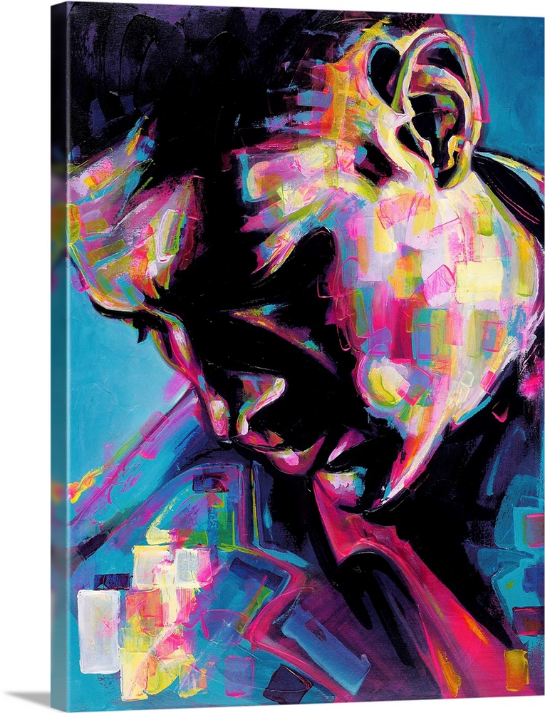 Vertical abstract portrait of a man in vibrant colors.