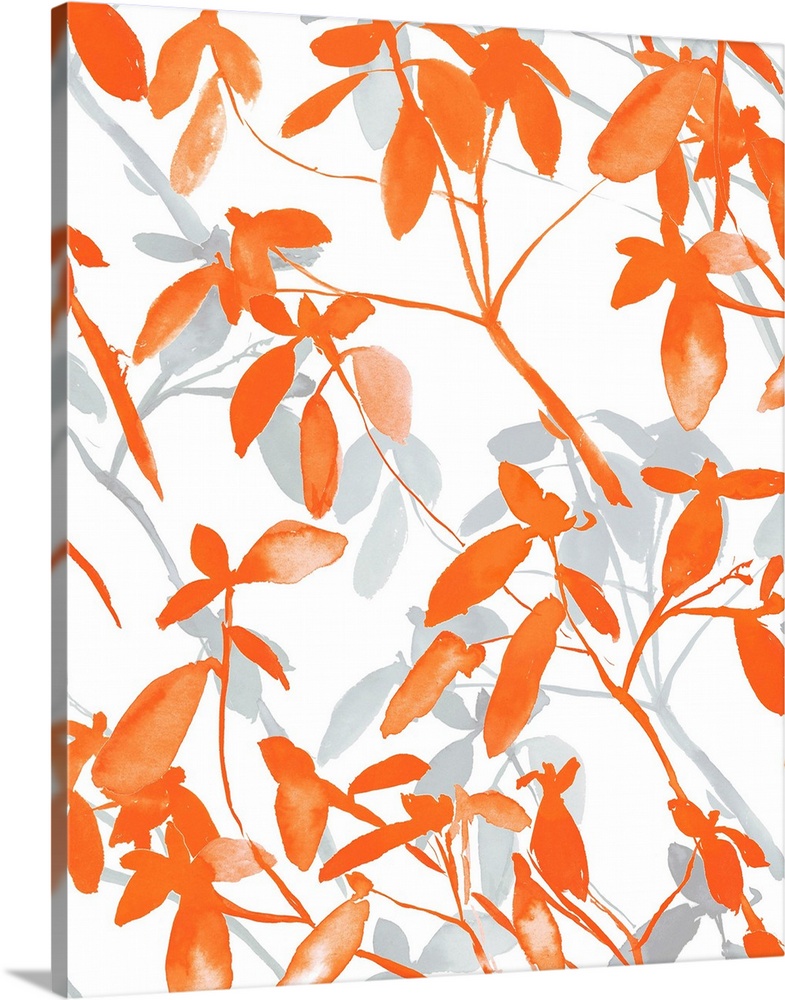 An abstract watercolor painting of branches of leaves in colors of orange and gray.