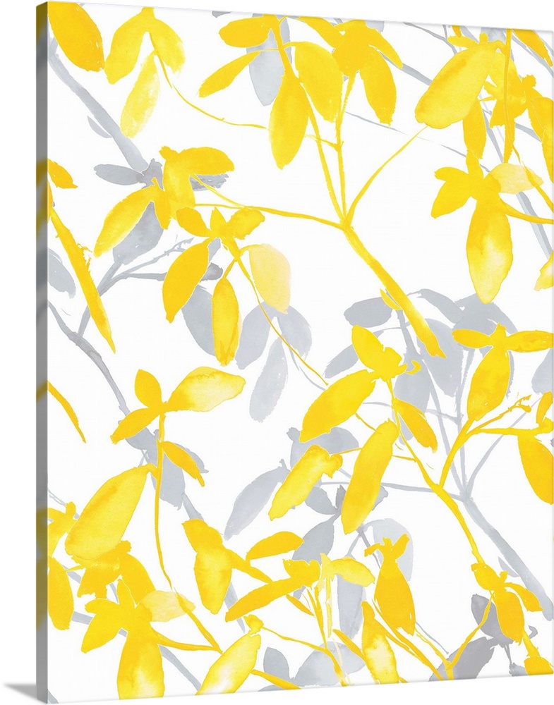 An abstract watercolor painting of branches of leaves in colors of yellow and gray.