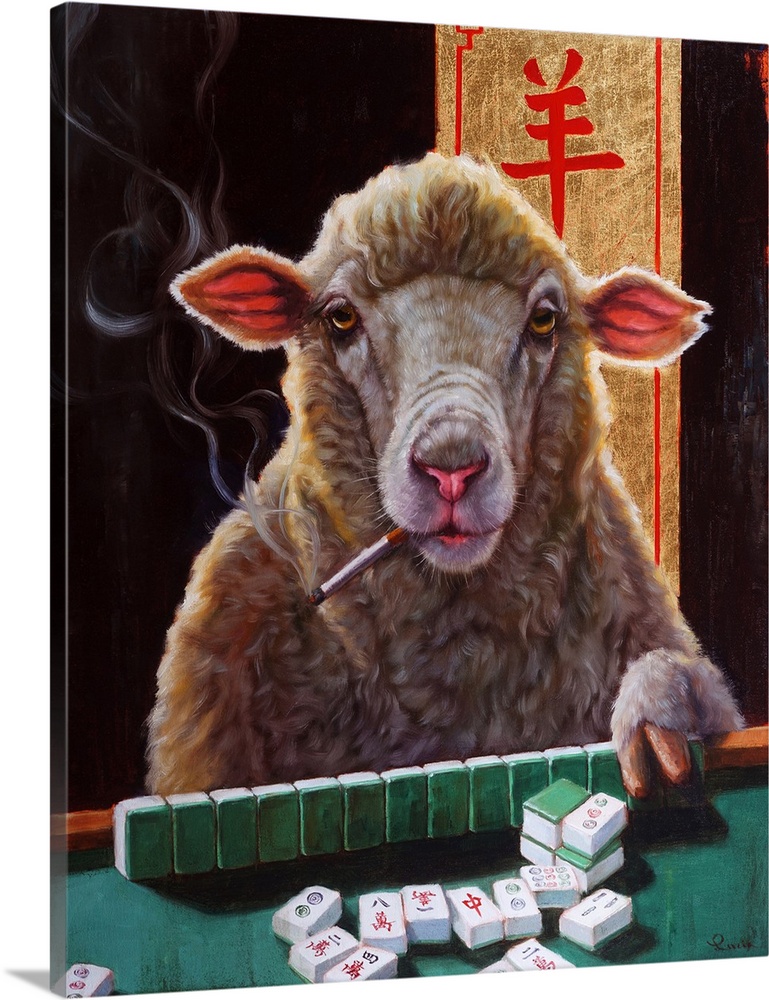 A painting of a sheep smoking, playing a game of mahjong.