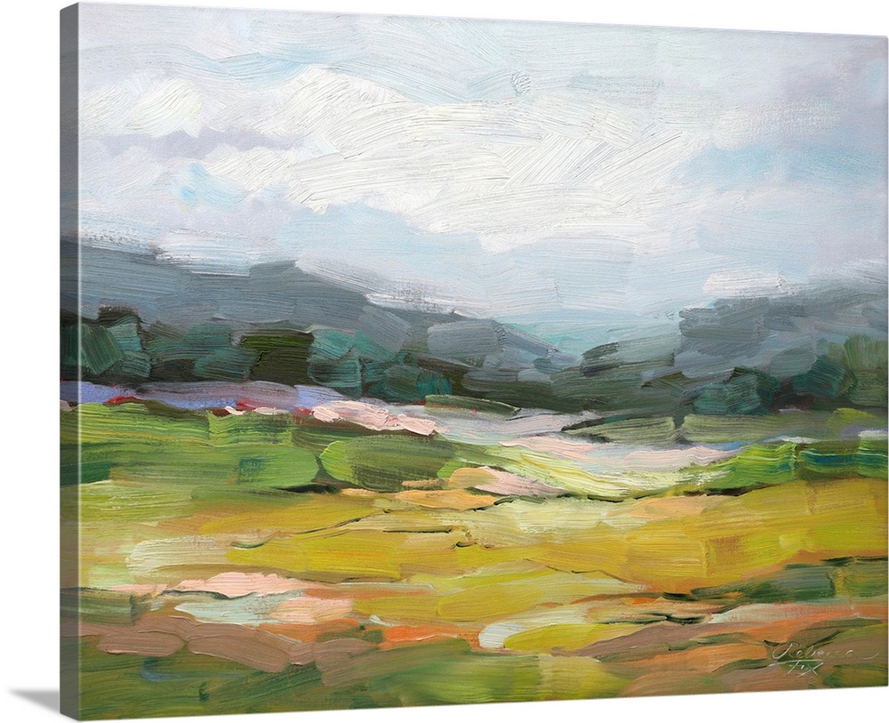 A beautiful calm landscape painting in a contemporary style, with thick brushstrokes of color. A warm green meadow sits in...