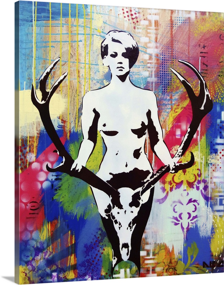 Urban painting of a nude woman holding a large pair of antlers.