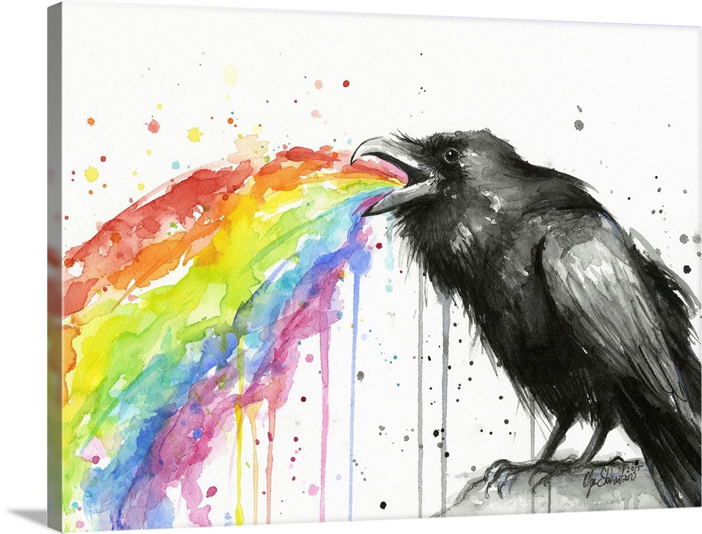 A contemporary watercolor painting of a raven throwing up a rainbow.