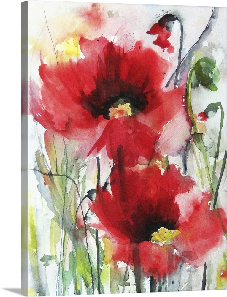 Contemporary watercolor painting of vibrant red flowers.
