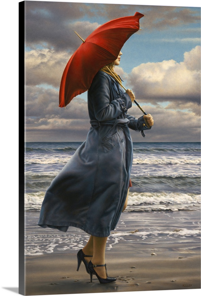 Contemporary painting of a woman holding a red umbrella, while walking on a windy beach.