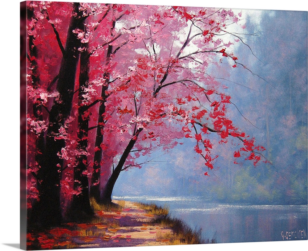 Contemporary painting of an idyllic countryside river scene, with pink autumn foliage.