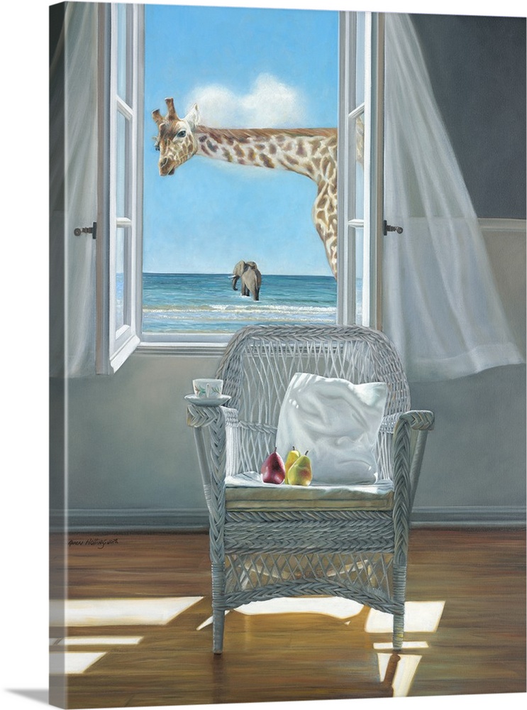 Contemporary still life painting of a pillow on a chair next to an open window with a white curtain and the beach outside,...