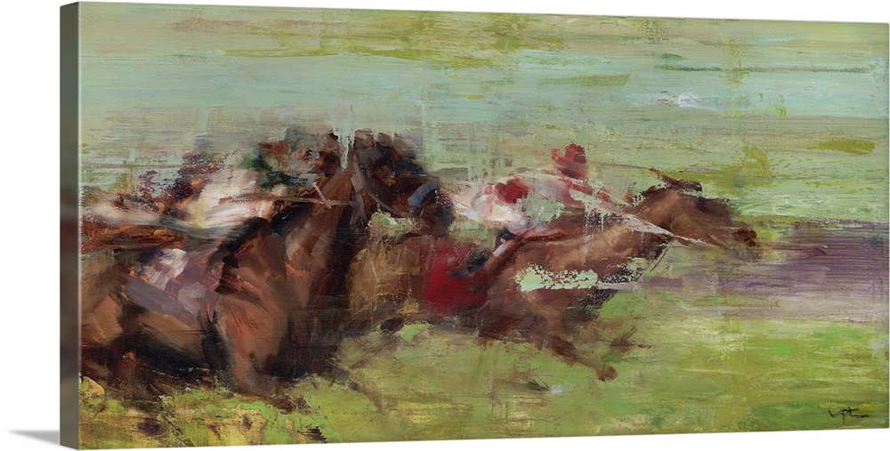 A contemporary painting of a horse derby, with the feel of the horses moving in a fast pace.